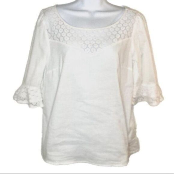 Modcloth White Cotton Short Sleeve Blouse Puff Sleeves Daisy Print Lace M - Picture 6 of 13